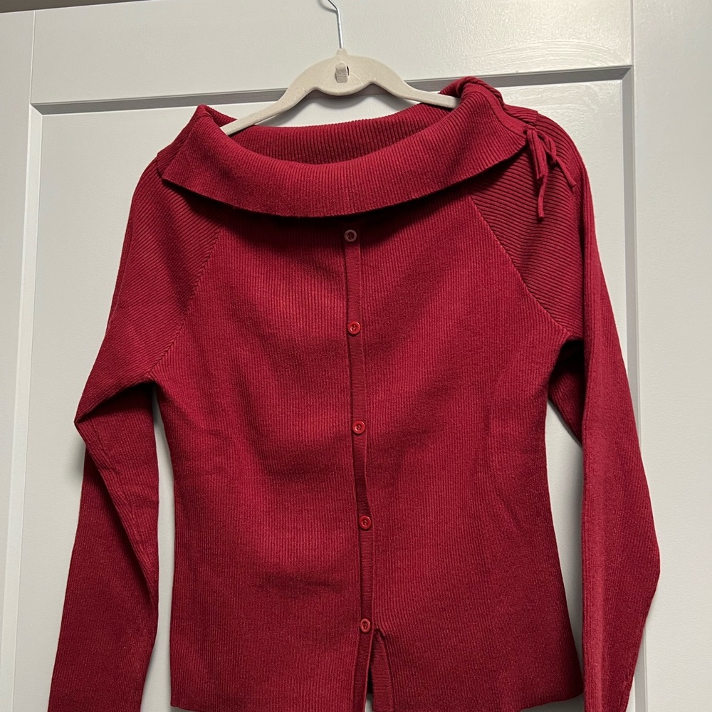 Chic Off-the-Shoulder Red Sweater with bow detail